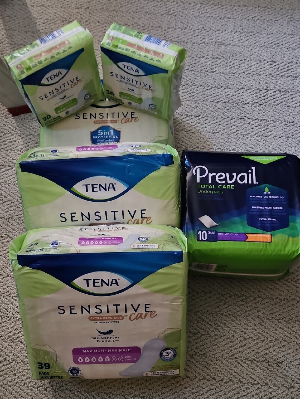 6pk TENA Sensitive Care + Prevail Total Care Pad Bundle - Green/White